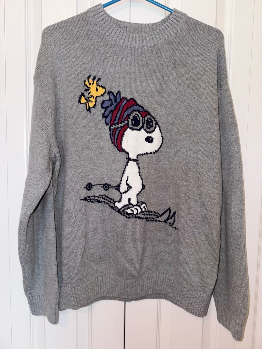 Hollister Gray Crewneck Sweater with Snoopy Ski Graphic and Yellow Woodstock